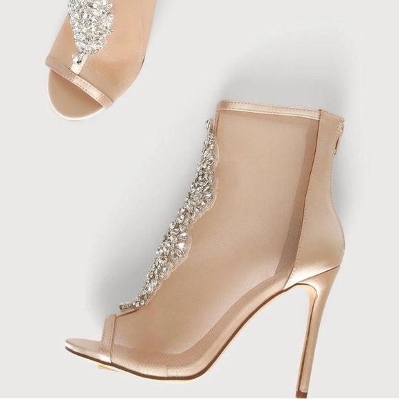 Lulu’s Hanakun Rose Gold Satin Rhinestone Peep toe Booties - Picture 4 of 14